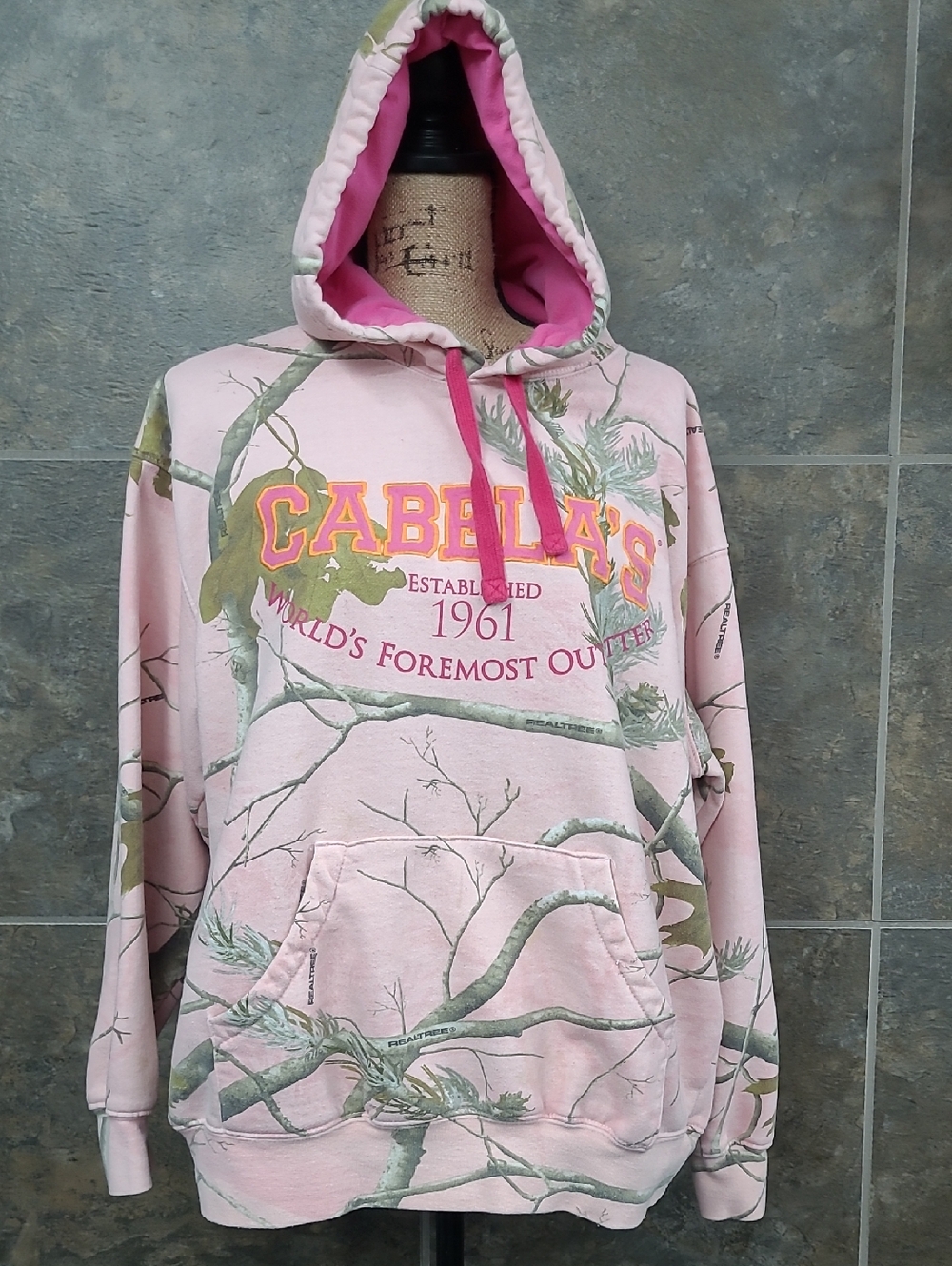 Cabela's Pink Camo Logo Hooded Sweatshirt with Orange Accents